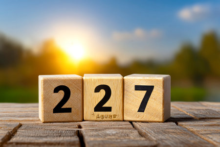 Wooden cubes with numbers 2022 on a wooden table against the background of nature.の素材