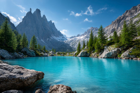 Mountain lake in the Dolomites, Italy. The concept of active and photo tourismの素材