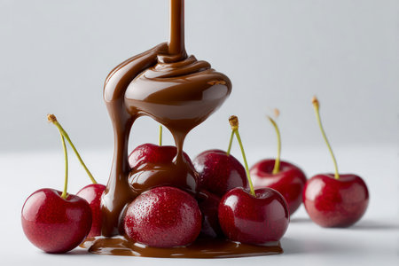 Sweet cherries and melted chocolate on white background, close-upの素材