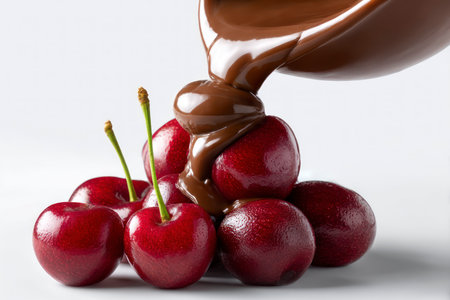 Chocolate pouring into cherries on white background, close-upの素材