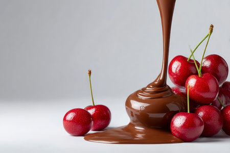 Sweet cherries and chocolate on a light background. Copy space.の素材