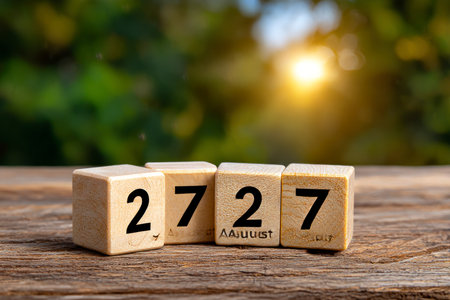 Wooden cube with number 2017 on table in front of green nature backgroundの素材