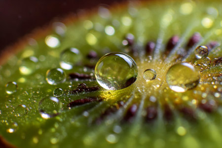 Water drops on a kiwi fruit, macro shot with shallow depth of fieldの素材