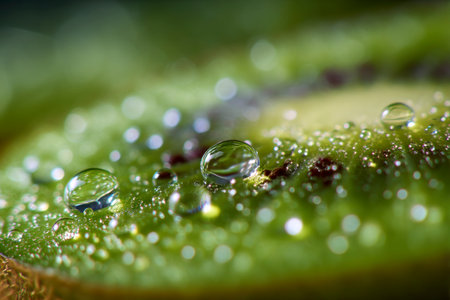 Water drops on a kiwi leaf, macro shot, shallow DOFの素材