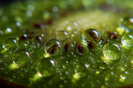 Macro shot of a kiwi fruit with water dropletsの素材