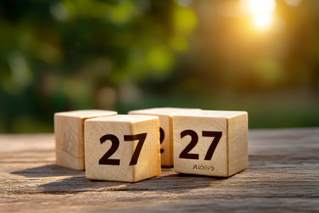 Wooden block calendar with number twenty-seven on wooden table outdoors.の素材