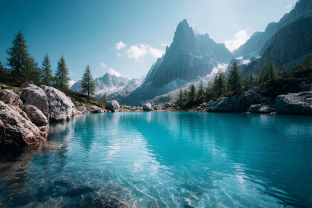 Mountain lake with clear turquoise water, Dolomites, Italyの素材