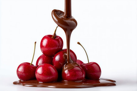 Chocolate pouring over sweet cherries on white background, closeupの素材