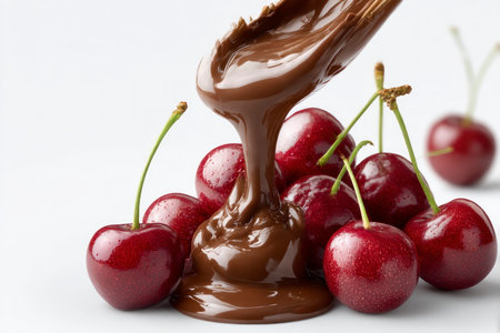 Chocolate pouring over fresh cherries on white background, closeupの素材