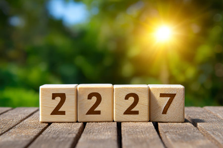 Wooden cubes with the number 2022 on a wooden table in the gardenの素材