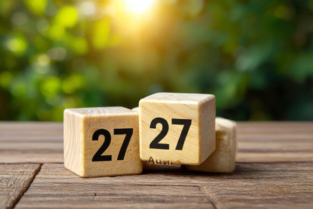 Wooden cube calendar with date of 22 february on wooden backgroundの素材