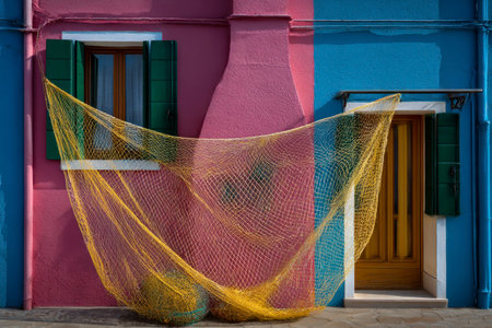 Fishing nets on the colorful facade of a house in Burano island, Venice, Italyの素材