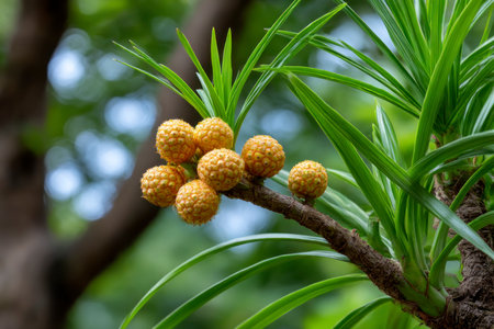 Close-up of yellow pine cones on a branch with green leavesの素材
