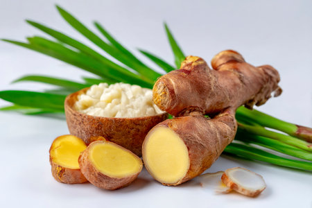 ginger root with curd on white background, healthy food.の素材
