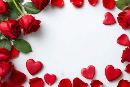 Red roses and red hearts on white background. Valentines day backgroundの素材