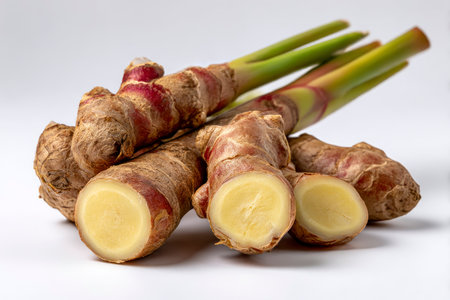 Ginger root and slices on white background, healthy food concept.の素材