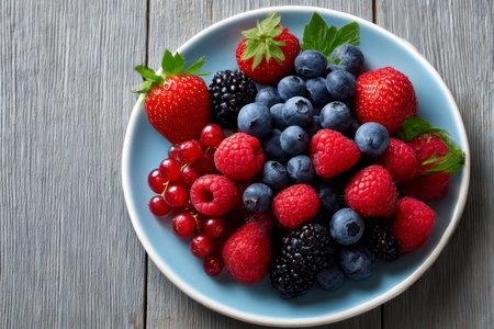 Blueberries, raspberries and blackberries in a bowl on wooden backgroundの素材