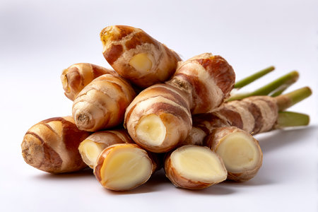 Ginger root isolated on white background. Clipping path included.の素材