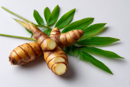 Jerusalem artichoke with green leaves on a white background.の素材
