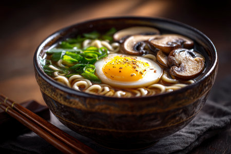 Japanese ramen soup with mushrooms and egg in a bowl on wooden tableの素材