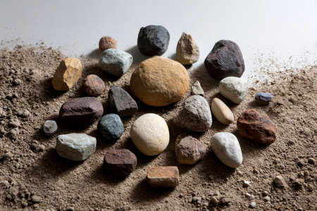 Pile of pebbles and sand on a white background.の素材