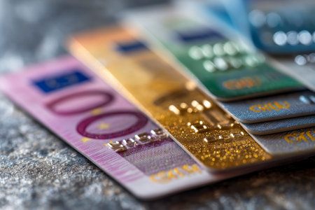Credit cards in different colors on a stone background. Close up.の素材