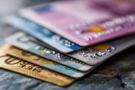 Credit cards on old wooden background, shallow depth of field, selective focus.の素材