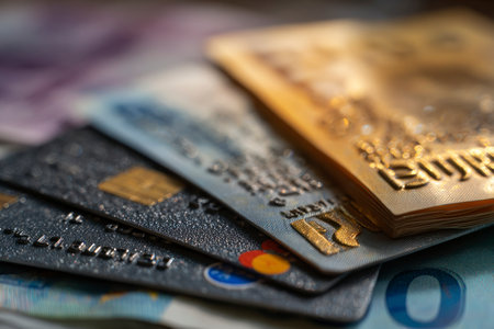 Credit cards on the table, close-up, shallow depth of fieldの素材