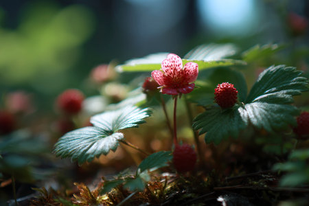Strawberry growing in the forest, close-up, macroの素材
