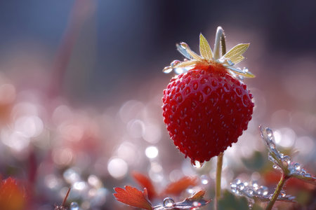 Strawberry with drops of dew on the grass in the morningの素材