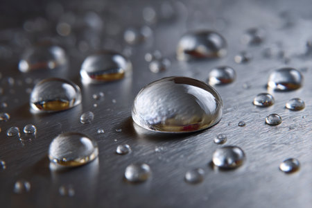 Water drops on metal surface. Shallow depth of field. Selective focus.の素材