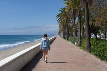 Woman walking along the promenade along the sea in San Diego, Californiaの素材