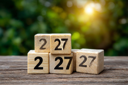 Wooden cube block with 2022 number on wood table with nature backgroundの素材