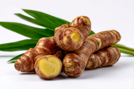 Fresh turmeric roots on white background. Close up. Top view.の素材