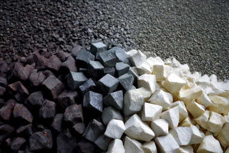Pile of white, black and grey stones on asphalt background.の素材