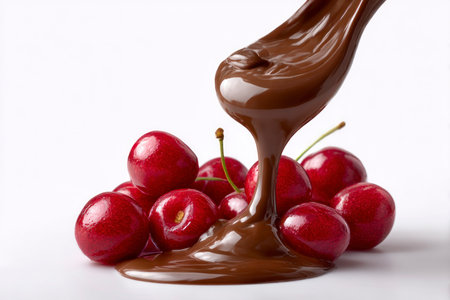 Chocolate pouring over fresh cherries on white background, closeupの素材