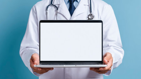 Doctor holding a laptop computer with blank screen and stethoscope on blue backgroundの素材