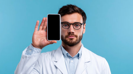 Handsome young man doctor in white coat and eyeglasses showing smartphone with blank screen isolated on blue backgroundの素材