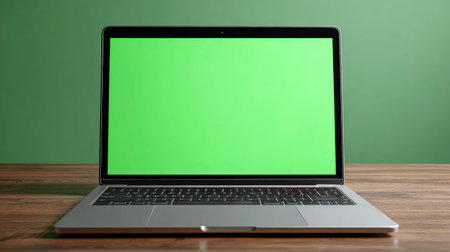 Laptop with green screen on wooden table and green wall background.の素材