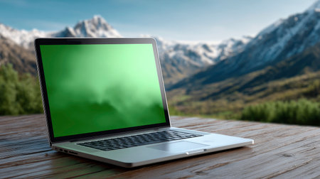 Laptop with green screen on wooden table with mountains background. 3d renderの素材