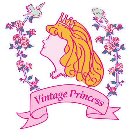 Princess with roses branch, birds and banner ribbonのイラスト素材