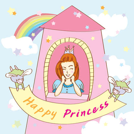 Happy Princess on tower with angels holding ribbonのイラスト素材