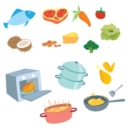Cooking vector set include equipment, food, meat and vegetablesのイラスト素材