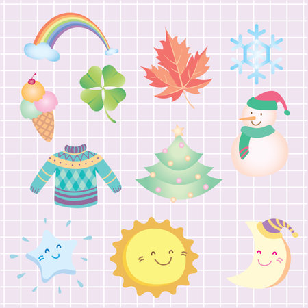 Cute colorful cartoon theme winter weather Christmas snowman and the sun, the moon and the star.のイラスト素材