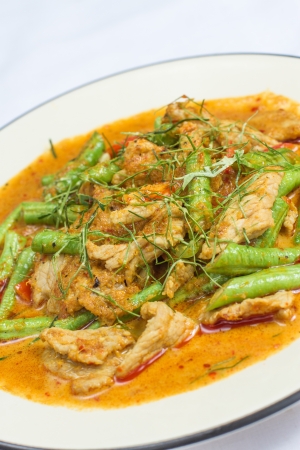 hot Thai red curry with Chicken with Green Beans and Kaffir lime leavesの写真素材