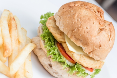 close up cheese burger and  french fries on white dishの写真素材