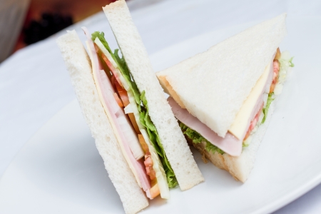 Fresh two ham and cheese sandwich and vegetables home made on white dishの写真素材