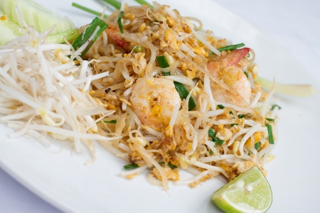 Pad Thai Thai food stir-fried rice noodles with shrimp and limeの写真素材
