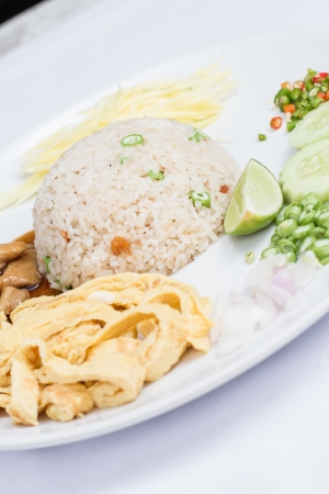 Closeup of Rice Mixed with Shrimp paste, Thai food on white dishの写真素材