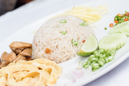 Closeup of Rice Mixed with Shrimp paste, Thai food on white dishの写真素材